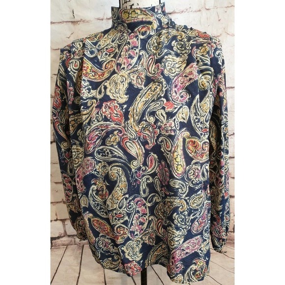 Vintage 80s Womens Size 8 Medium Nicola Paisley Puff Long Sleeve Pleated Blouse - Picture 1 of 8